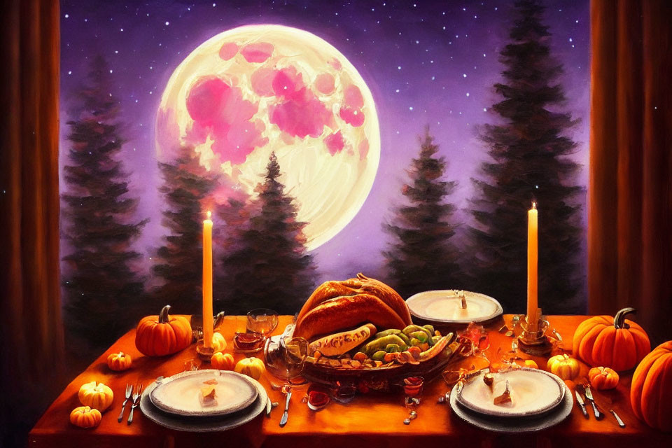 Autumn-themed dinner table with roasted turkey, pumpkins, candles, and moonlit pine trees