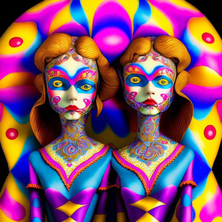 Vibrant Psychedelic Body Paint Figures Against Colorful Floral Backdrop