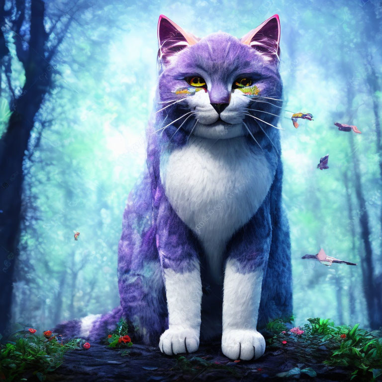 Oversized purple and white cat in mystical blue forest with butterflies