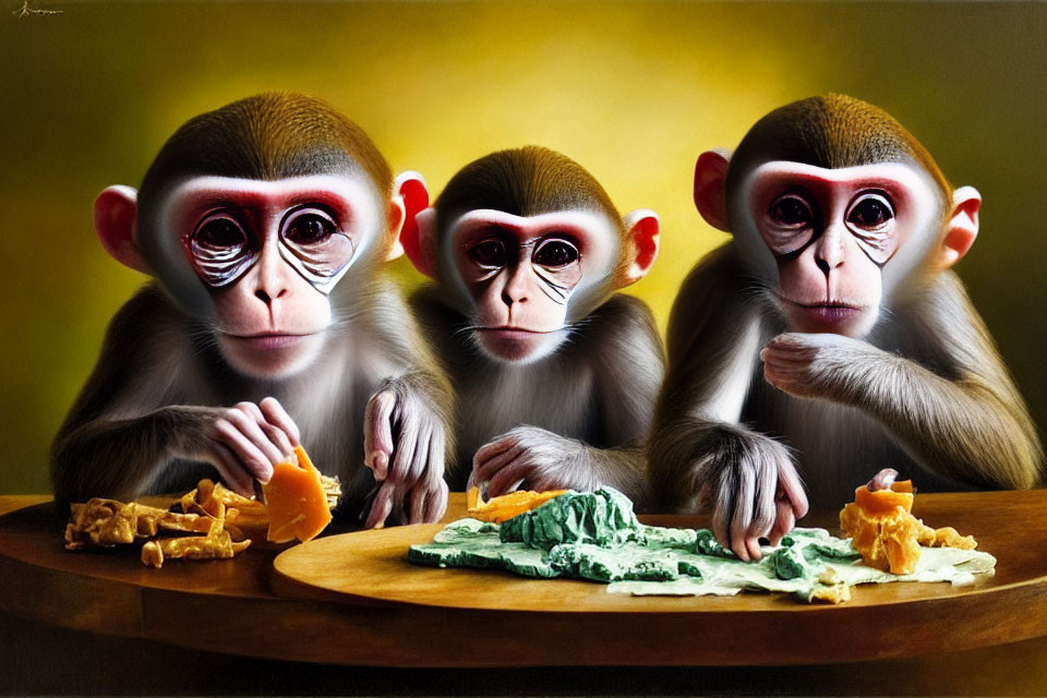 Three monkeys in human-like pose with snacks at table