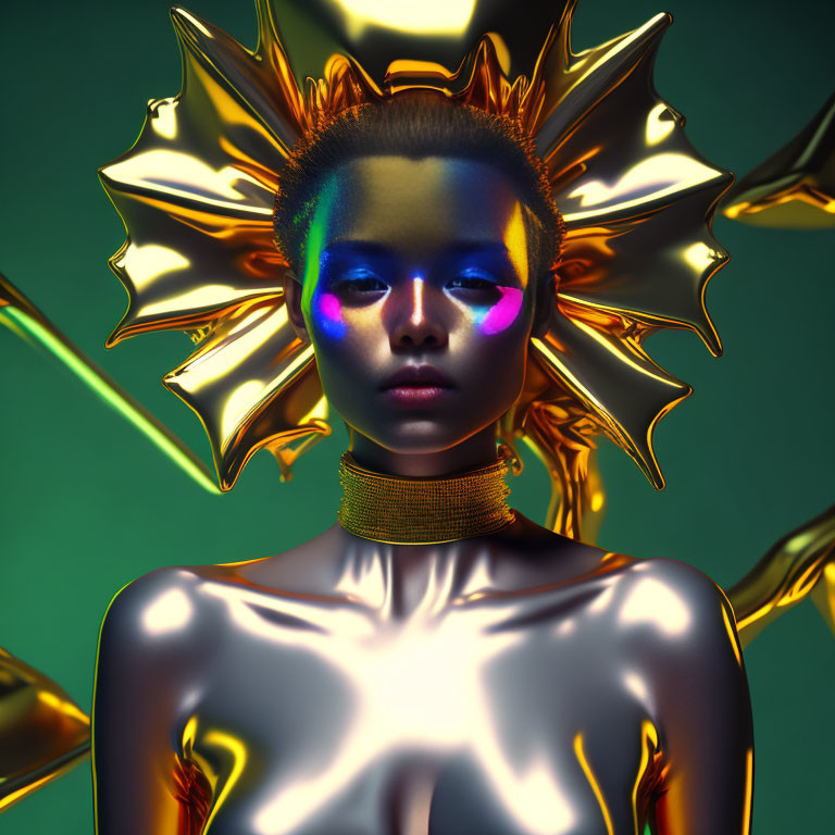 Portrait of a person with golden makeup, sun headpiece, blue eyeshadow on green background