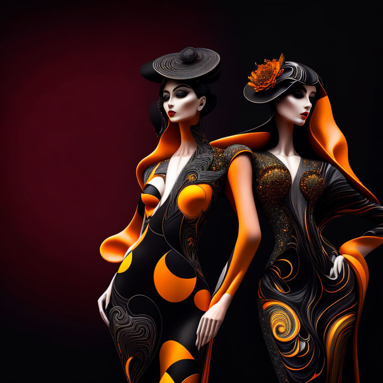 Stylized female figures in black and orange dresses with ornate patterns and hats on dark red background