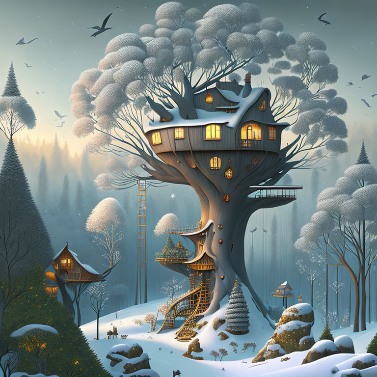 Snowy treehouse illustration with lit windows in serene landscape.