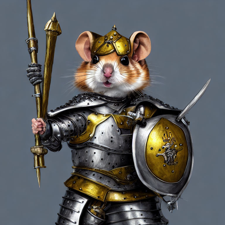 Anthropomorphic mouse in medieval knight armor with spear and shield