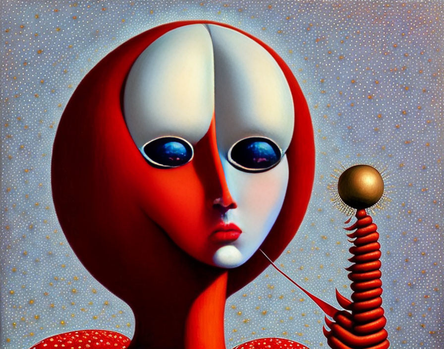 Surreal humanoid figure with elongated red head and blue eyes in artwork