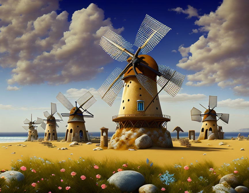 Stone windmills in whimsical landscape with colorful flowers