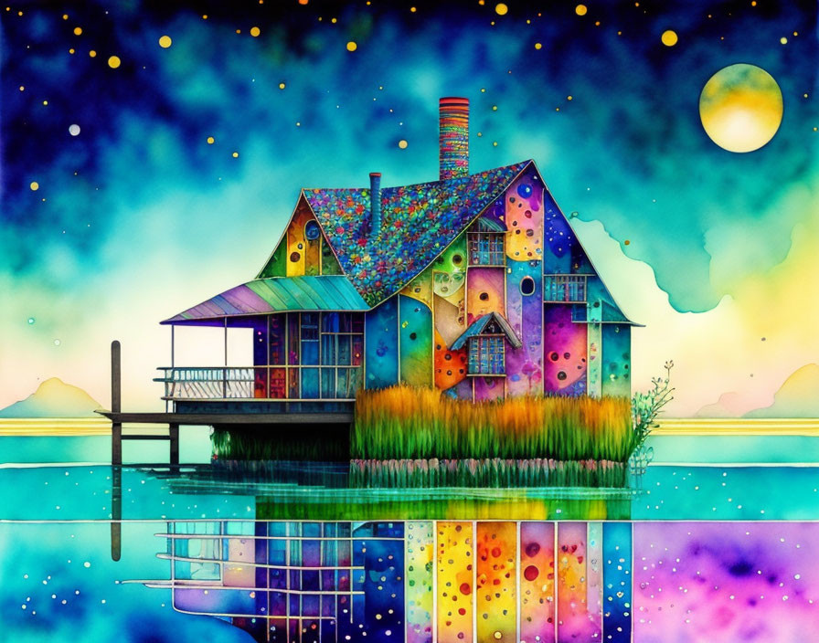 Colorful whimsical house by water with starry sky, moon reflection