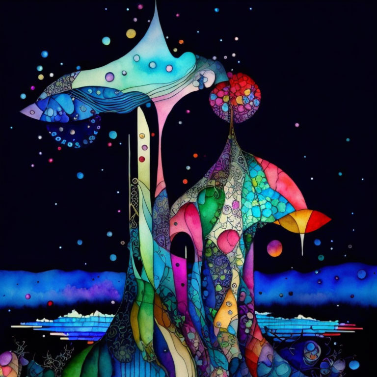 Colorful whimsical mushroom illustration under starry night sky