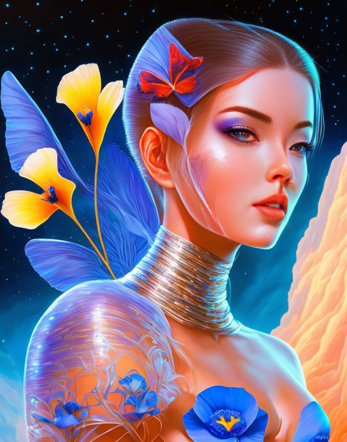 Digital artwork featuring woman with vibrant makeup and metallic neck rings, adorned with flowers and butterflies.