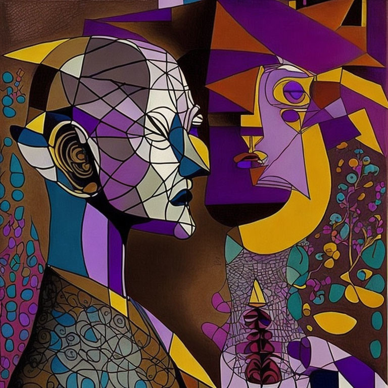 Colorful Cubist Artwork Featuring Two Faces in Profile