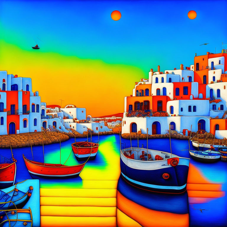 Colorful Mediterranean Seascape with Whimsical Buildings & Boats