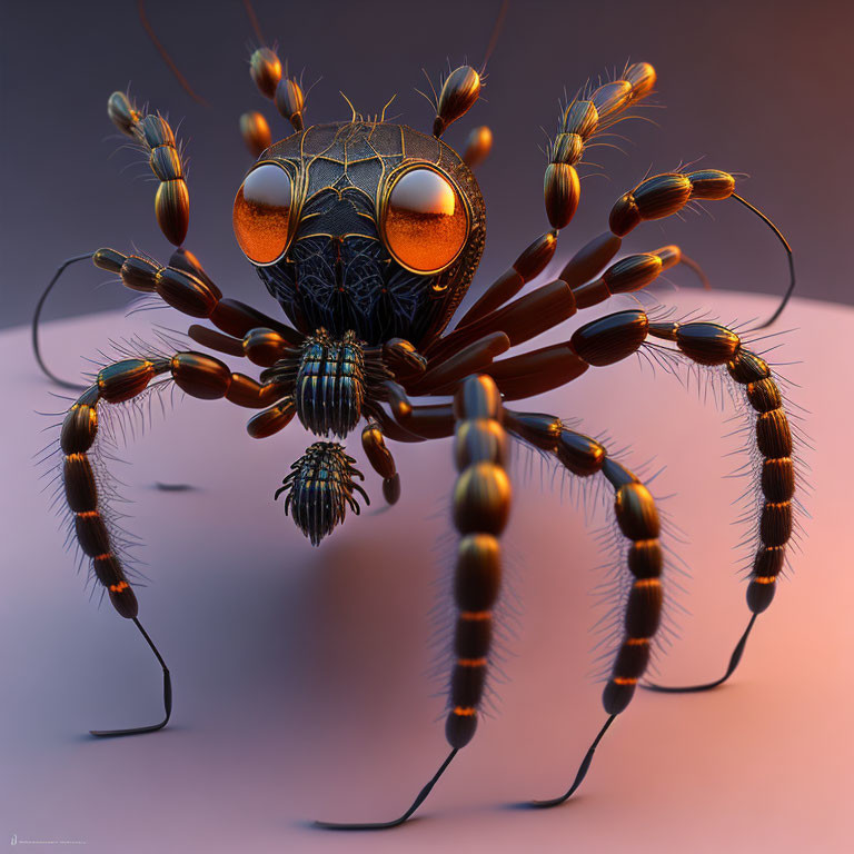 Detailed 3D-rendered spider with vibrant orange eyes and metallic limbs