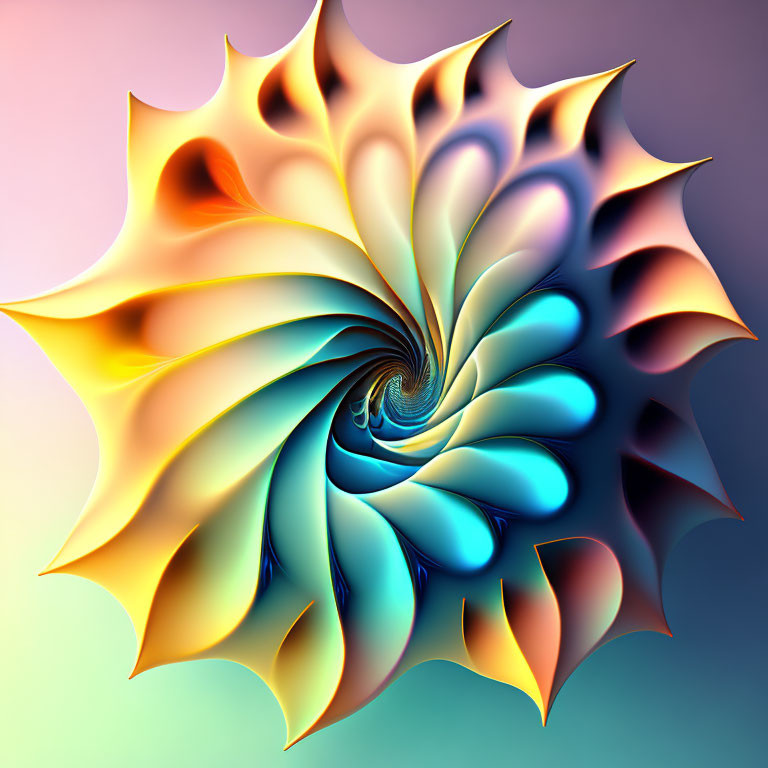 Vibrant fractal spiral with leaf-like shapes in blue, orange, & yellow