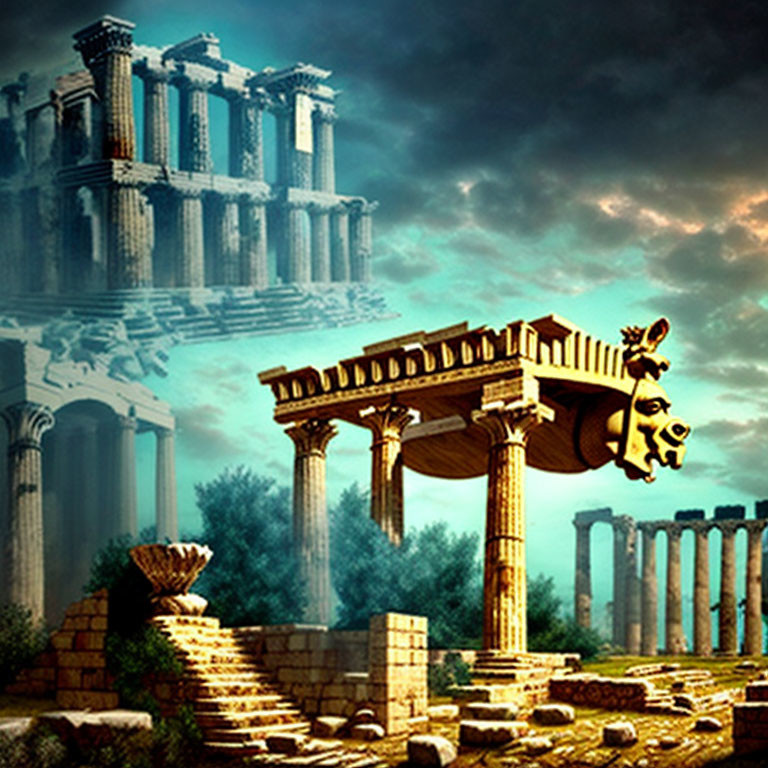 Surreal image of ancient Greek ruins under stormy sky