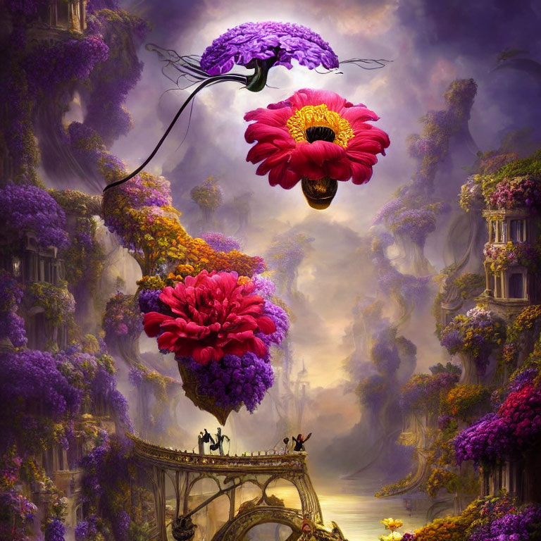 Enchanted forest with oversized colorful flowers, classical architecture, and mystical purple haze