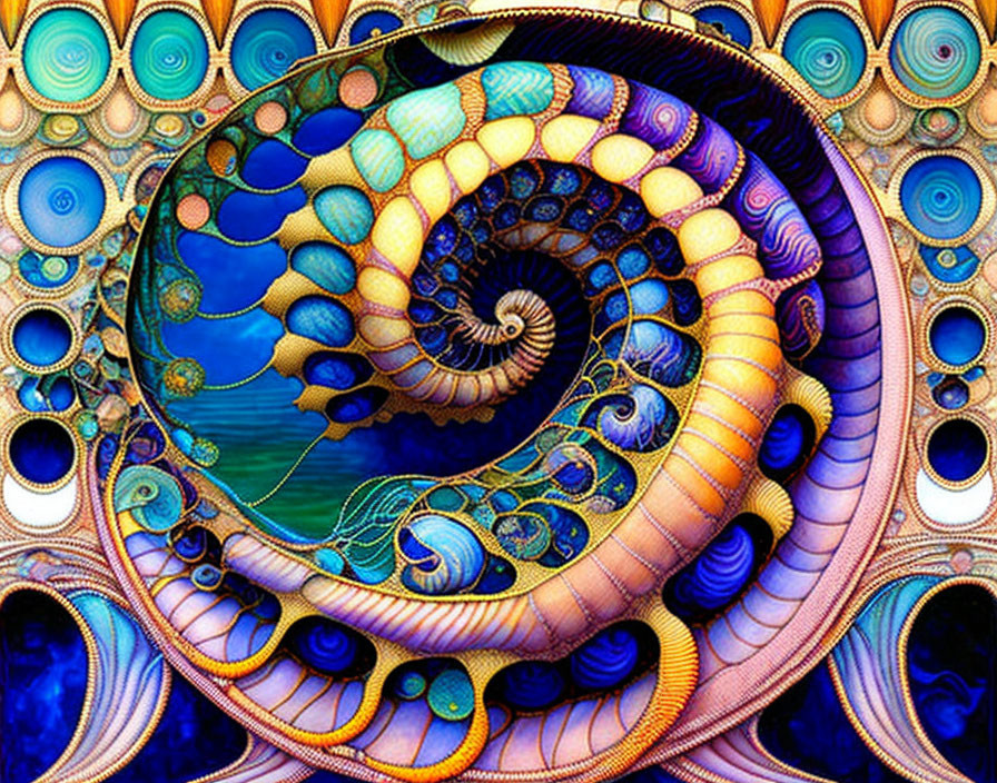 Colorful Fractal Spiral Artwork with Peacock Feather Motif