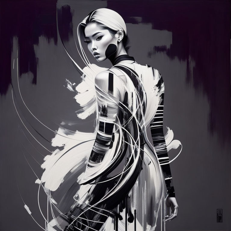 Stylized monochromatic artwork of a woman with bold abstract lines