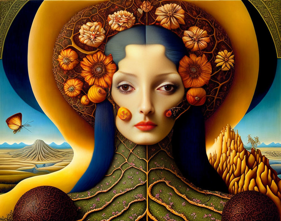 Illustration of Woman with Nature-Inspired Elements and Butterfly