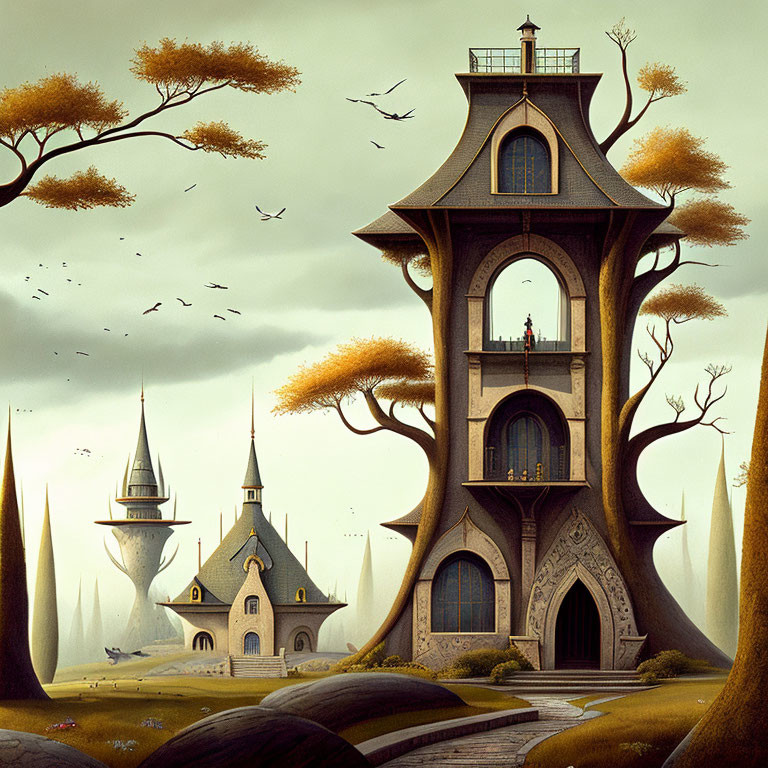 Whimsical fantasy landscape with integrated houses and figure on balcony