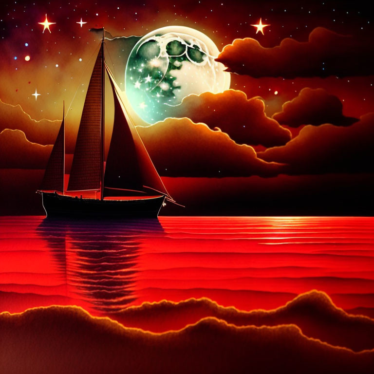 Sailboat on Red Sea with Surreal Moon and Starry Sky