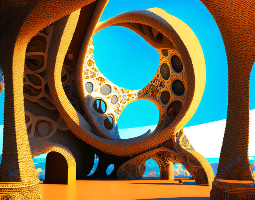 Intricate 3D Fractal Landscape with Circular Structures and Arches