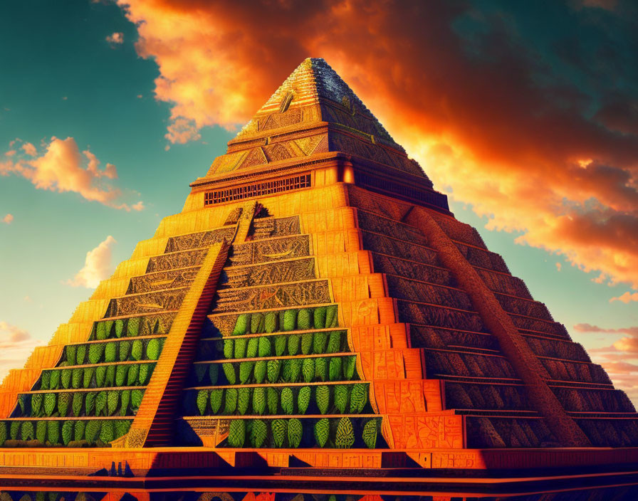 Vibrant digital artwork: Step pyramid with intricate designs under dramatic sunset sky