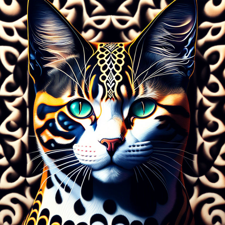 Colorful Digital Art: Intricate Cat Patterns on Psychedelic Background