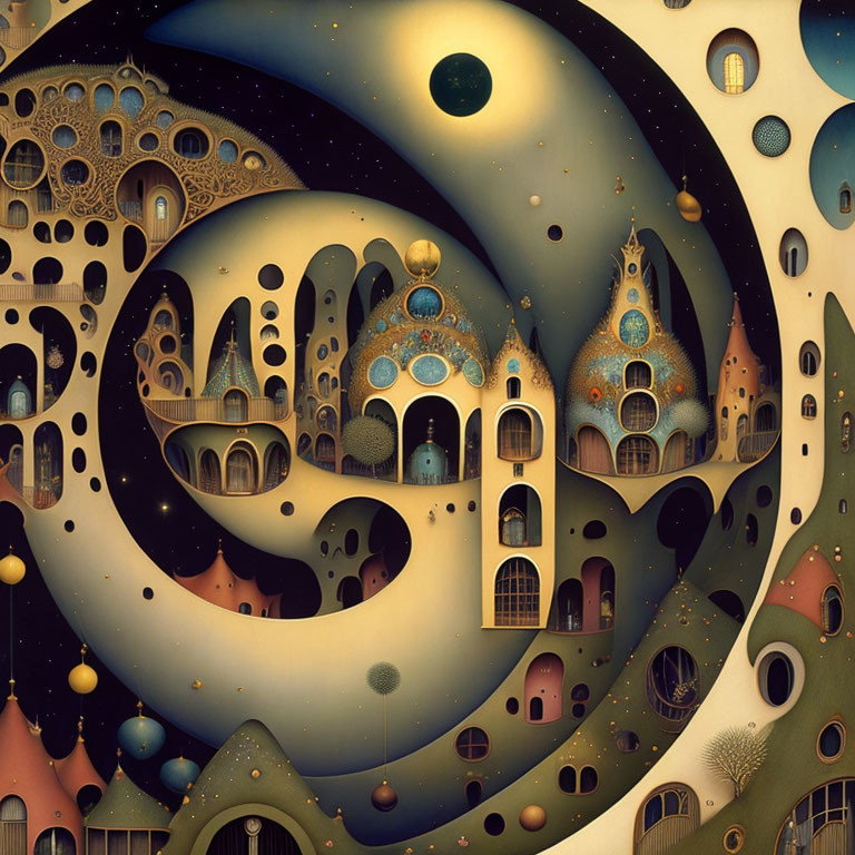 Surrealist painting: Whimsical cityscape in yin yang symbol