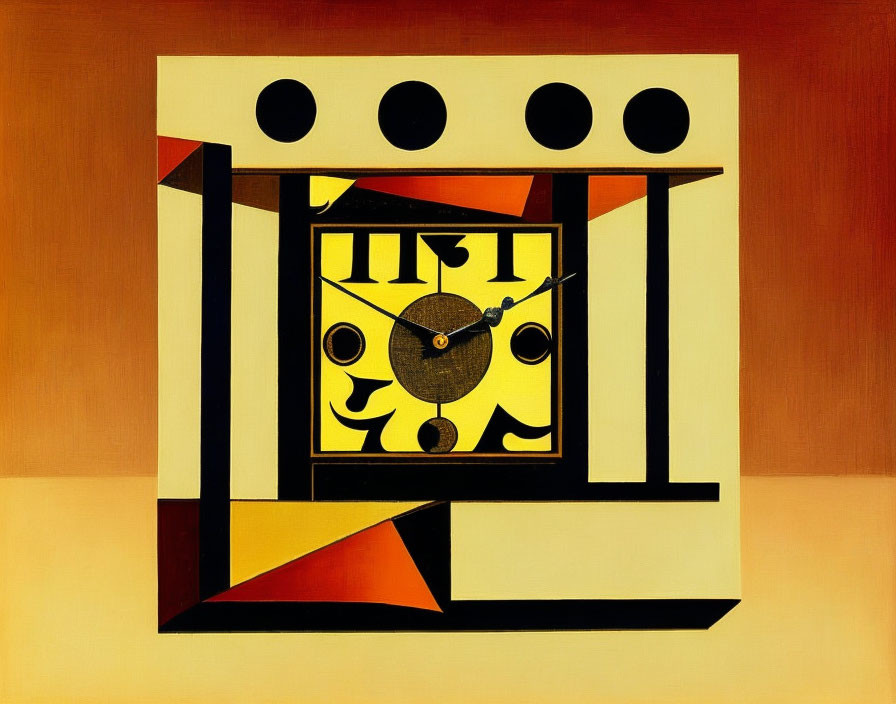 Geometric abstract art: clock face in black-bordered rectangle, surrounded by warm circles and triangles