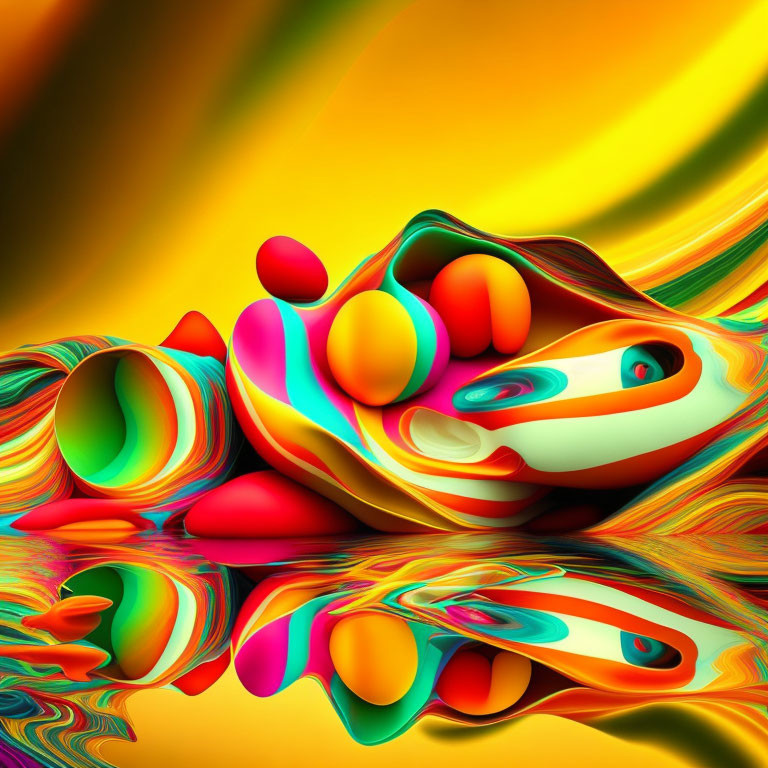 Colorful Abstract Digital Art with Swirling Patterns and Reflective Surfaces