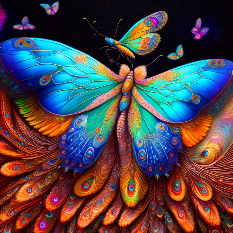 Colorful Butterfly Illustration with Peacock Feather-Like Patterns