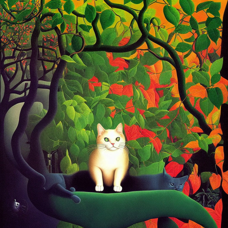 Surreal painting of cat on branch with glowing eyes in vibrant foliage