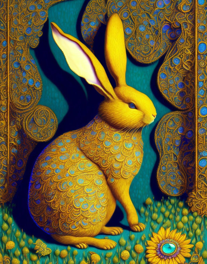 Colorful Golden Rabbit Illustration with Paisley Background