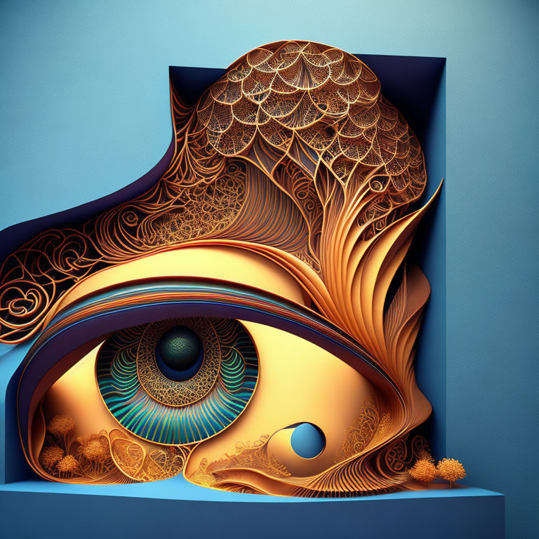 Surreal 3D artwork: eye-like structure, intricate patterns, golden hues, blue backdrop