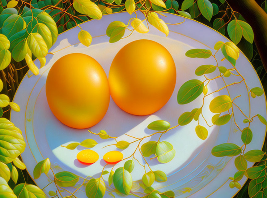 Fresh oranges and slices on plate with green leaves and soft shadows