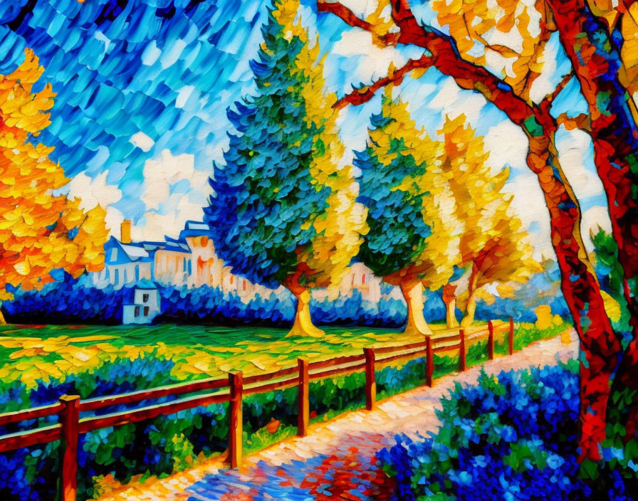 Impressionistic painting of autumn pathway with white house and wooden fence