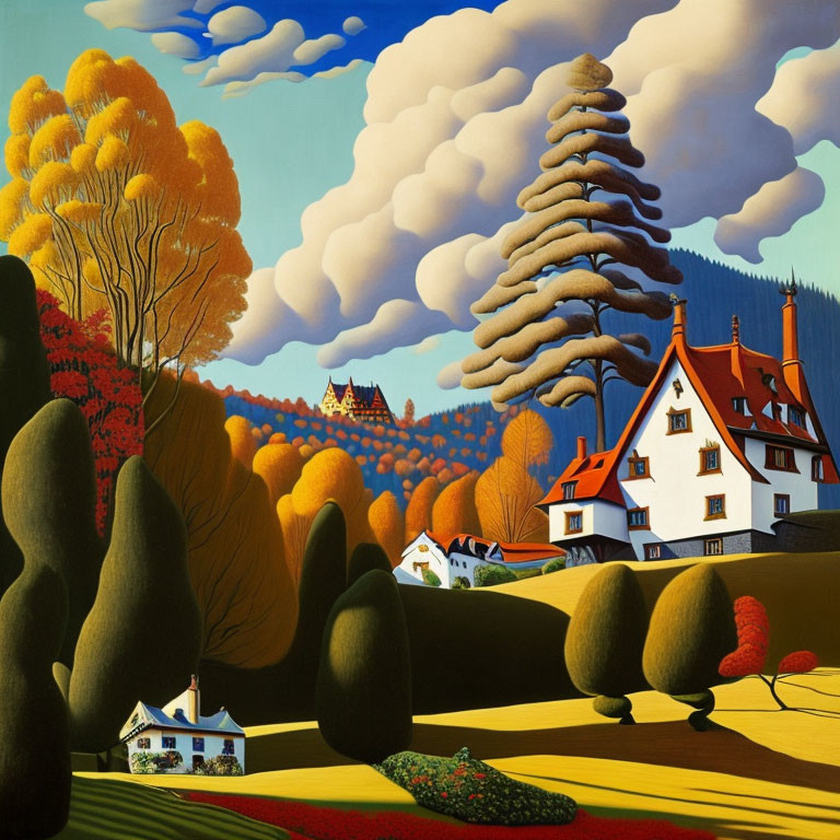 Colorful landscape painting: whimsical trees, castle, quirky houses, hills, blue sky.