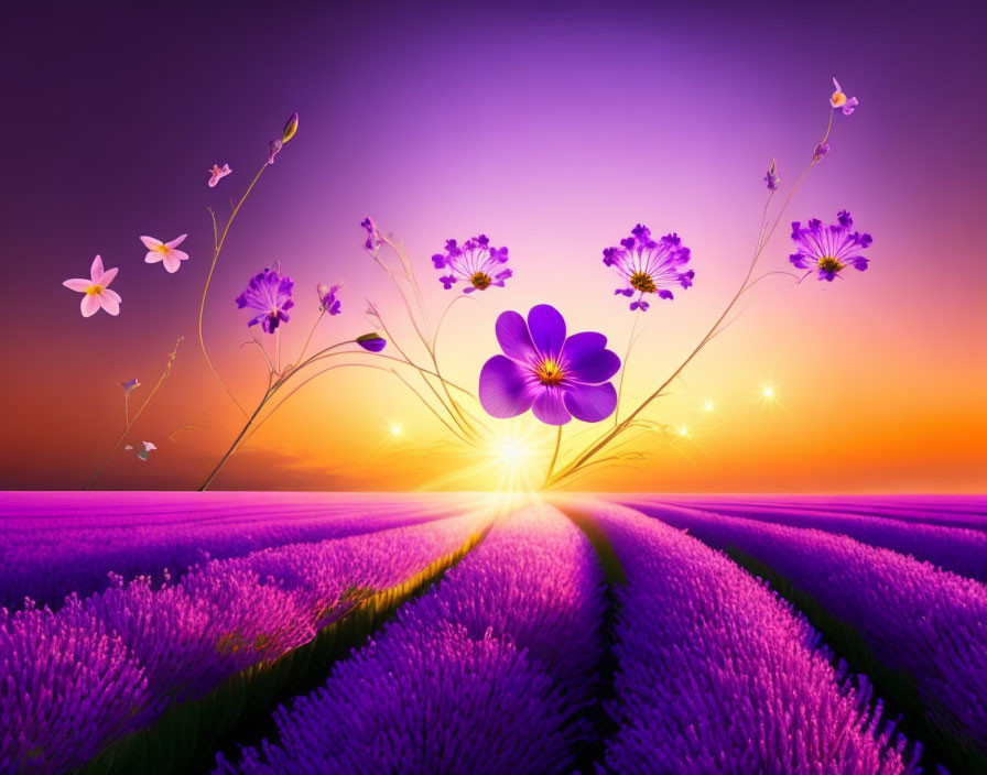 Colorful sunset scene with lavender field and whimsical violet flower