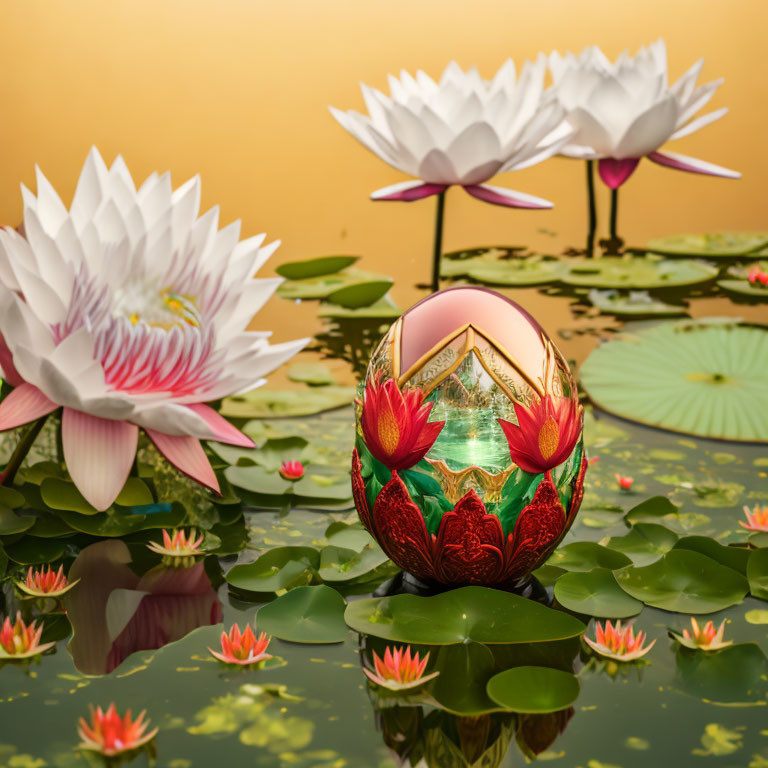 Reflective Egg with Lotus Flower Design Floating on Water