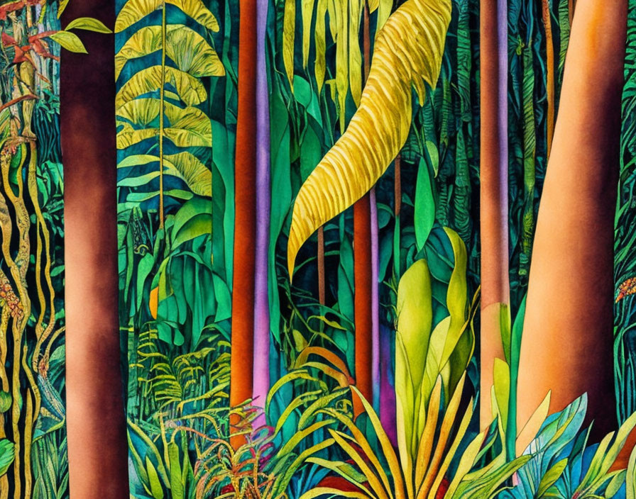 Colorful tropical forest illustration with vibrant green foliage.