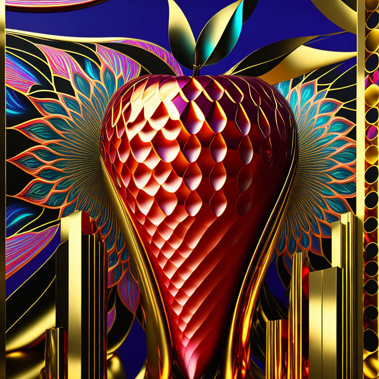 Colorful digital artwork: Red metallic strawberry on intricate backdrop