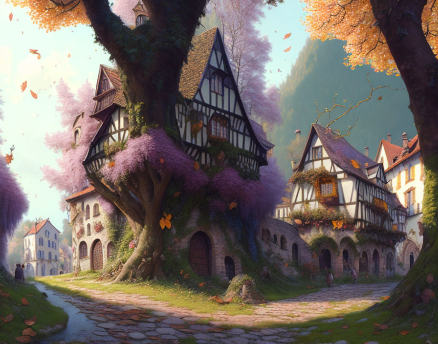 Charming village scene with cobblestone path, traditional houses, purple flowers, and autumn trees.