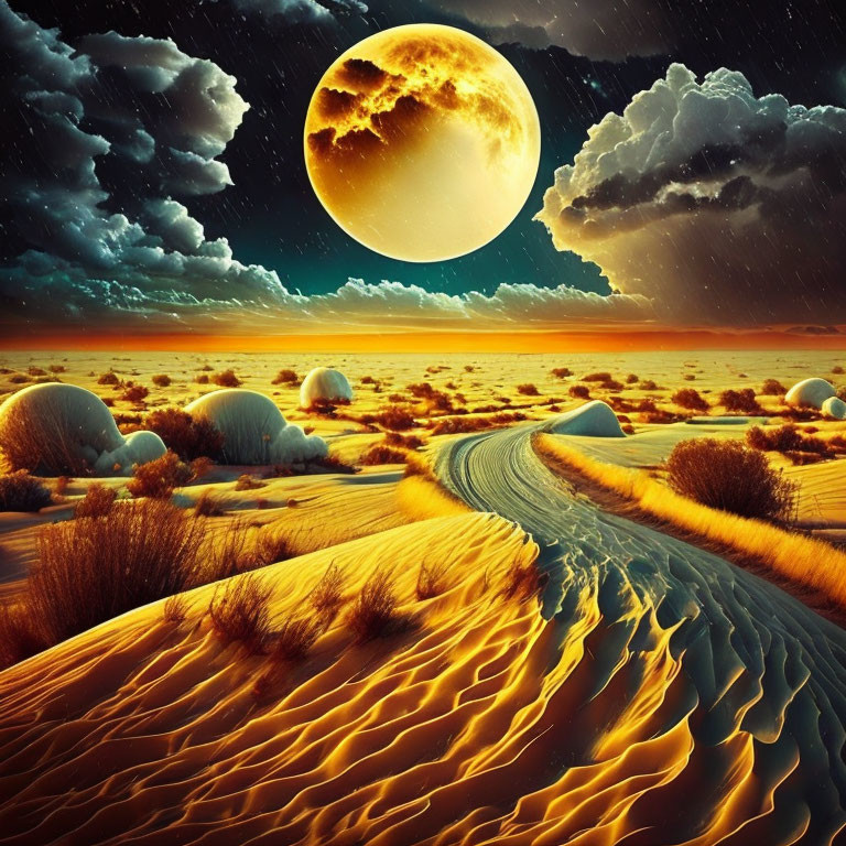 Surreal desert landscape with large moon and orange sands