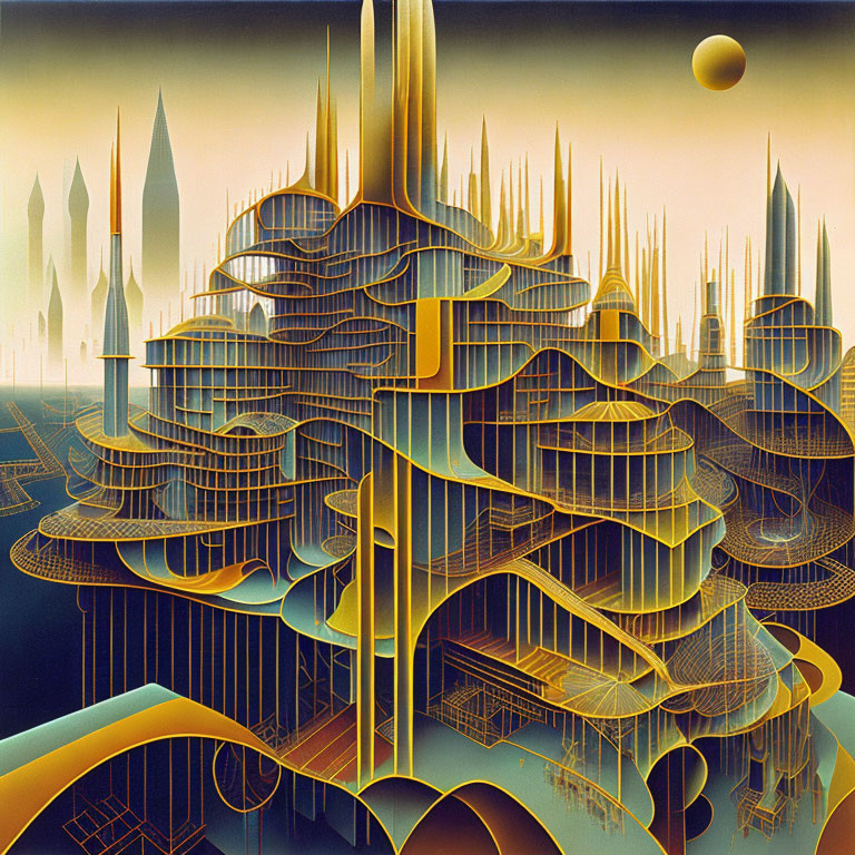 Surreal futuristic cityscape with golden and blue structures under an amber sky