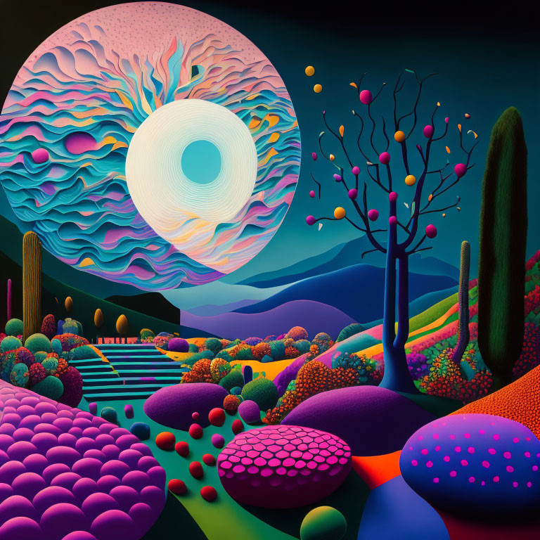 Colorful surreal landscape: vibrant foliage, undulating hills, intricate moon.