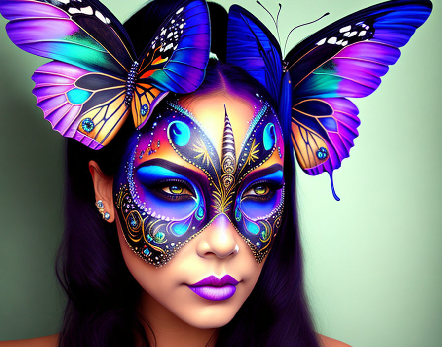 Woman with butterfly face paint and real butterflies on teal background