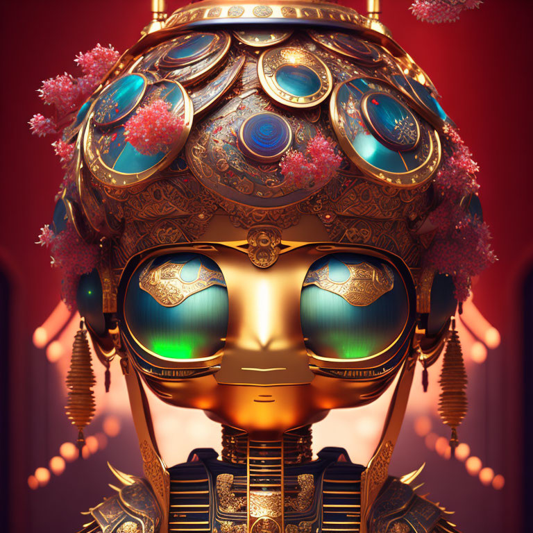 Intricate Golden Patterned Robotic Head with Glowing Eyes