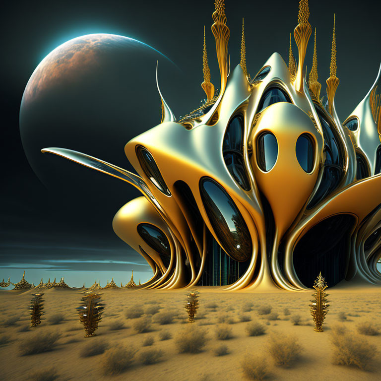 Surreal landscape with golden organic structures under an alien sky