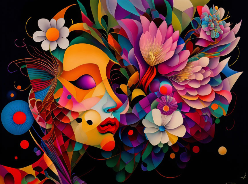 Colorful Floral Abstract Art: Female Face Silhouette in Vibrant Blend