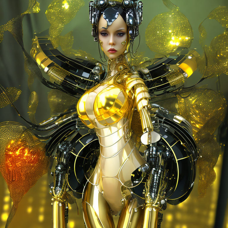 Futuristic female android in gold and black armor with glowing orbs in high-tech setting